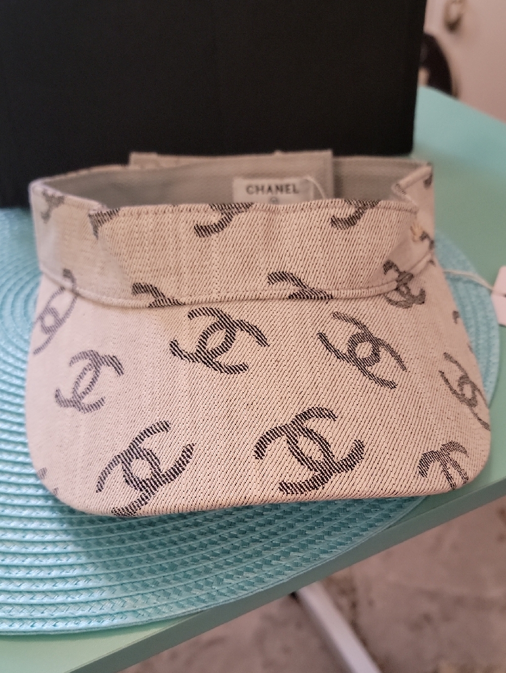 CHANEL Beige Denim Visor with Black CC Motif